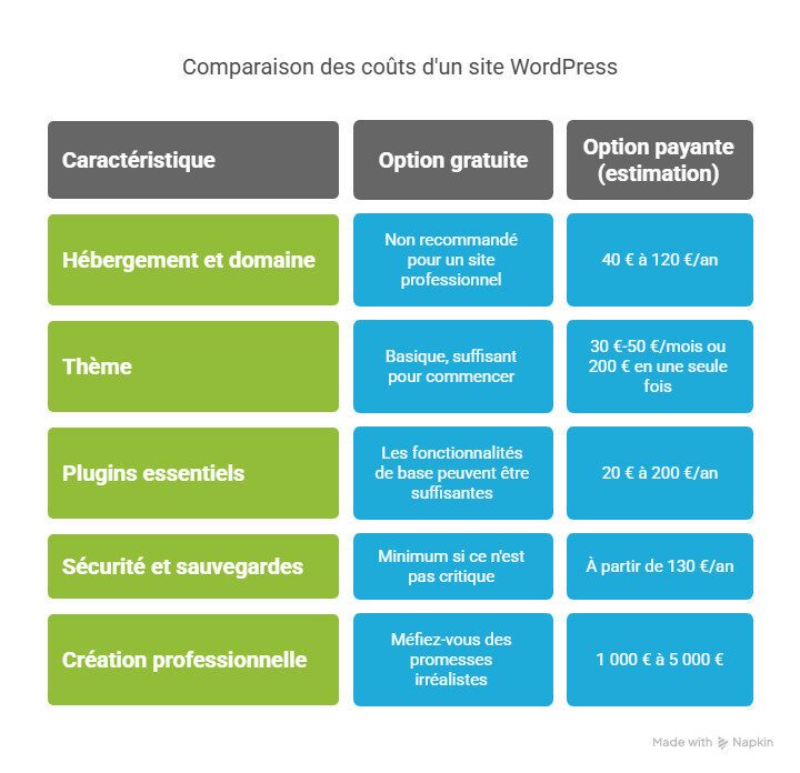 Tableau récapitulatif de combien coûte un site WordPress